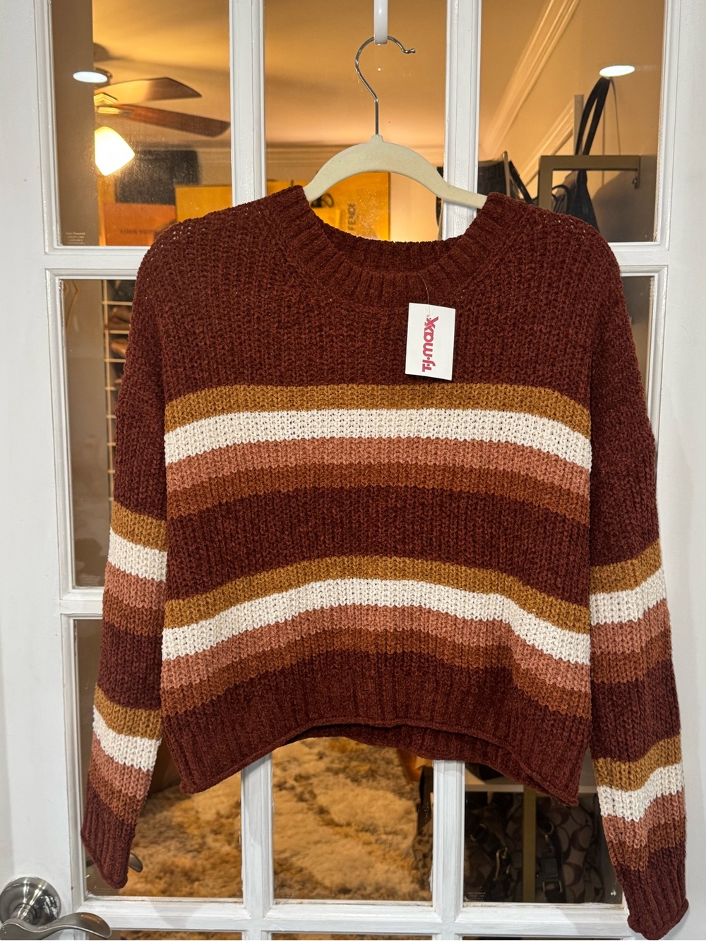 Pink Rose Striped Crewneck Sweater in Rust, Cream & Mustard Chenile